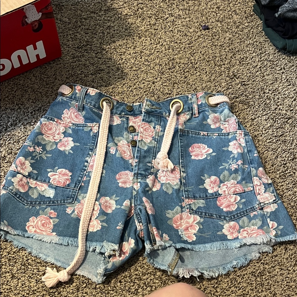BiBi Blue Denim Floral Shorts with Pink Roses